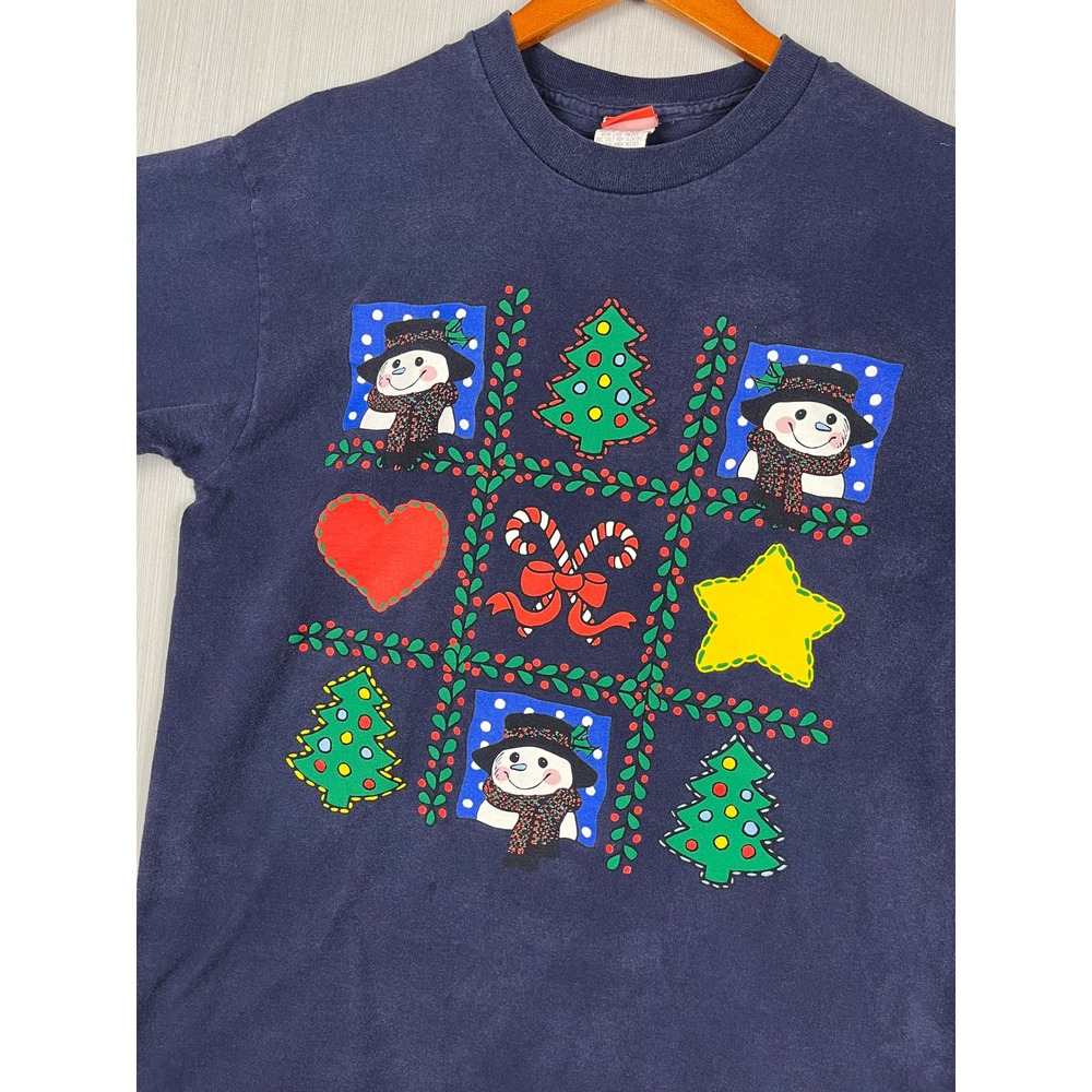 Snowden VTG 90s Christmas Graphic T-Shirt Womens Large Navy Blue Snowman READ - Picture 3 of 10